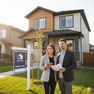 A couple, appearing as first-time home buyers, stands outside a modern suburban house with a "For Sale" sign