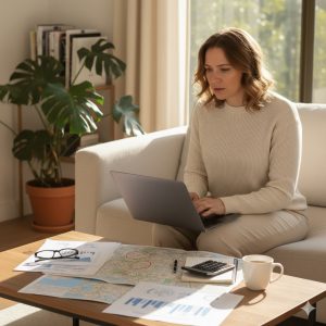 Woman sitting on a couch working on a laptop, surrounded by property maps, charts, a calculator, and a coffee mug, planning her first home purchase